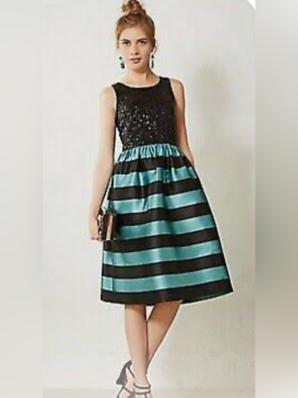Anthropologie Leifsdottir NEW Starlit Stripes Midi Dress Black Teal Sequins 12